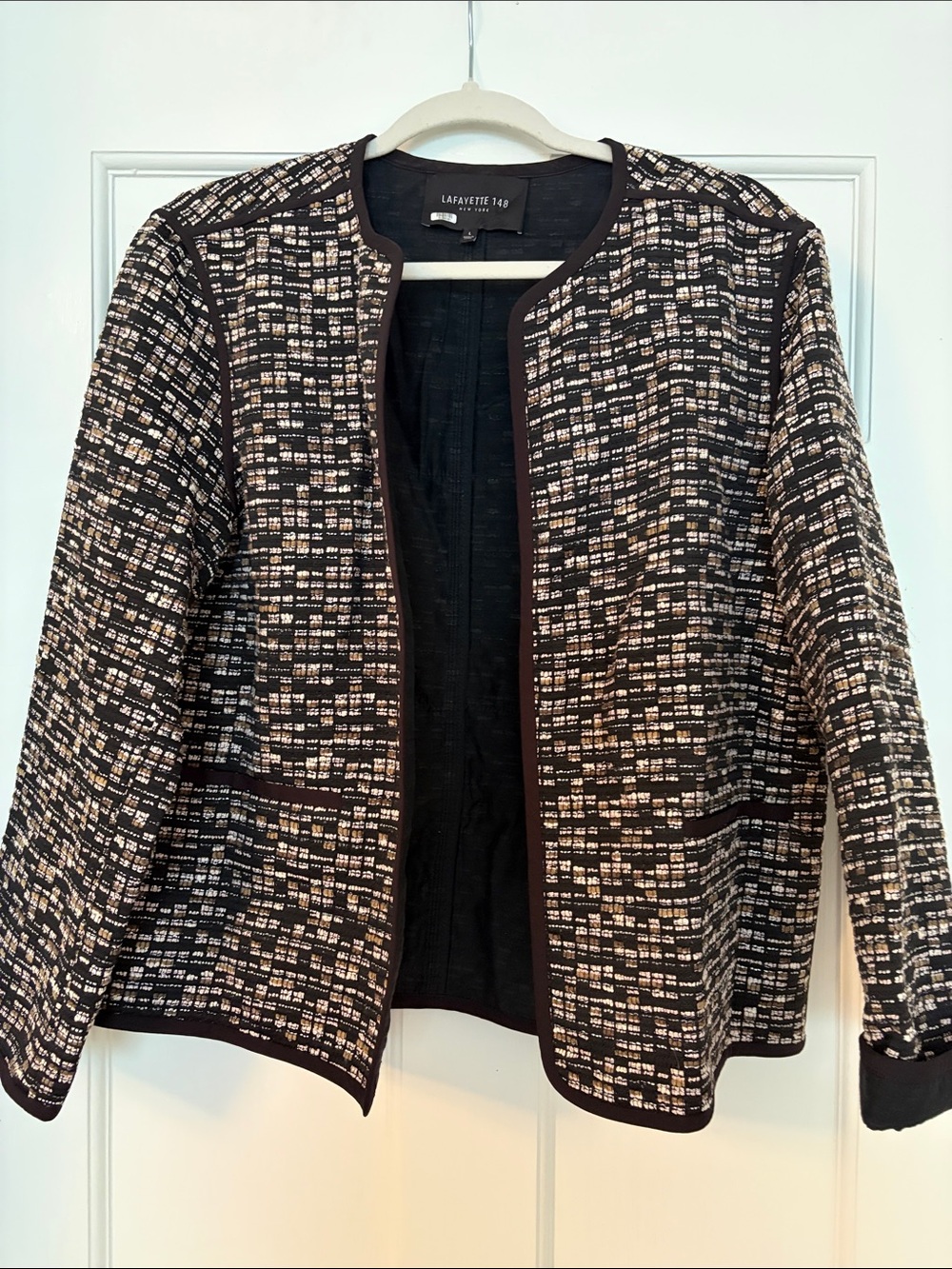 Lafayette 148 New York Black and Cream Textured Collarless Jacket Blazer